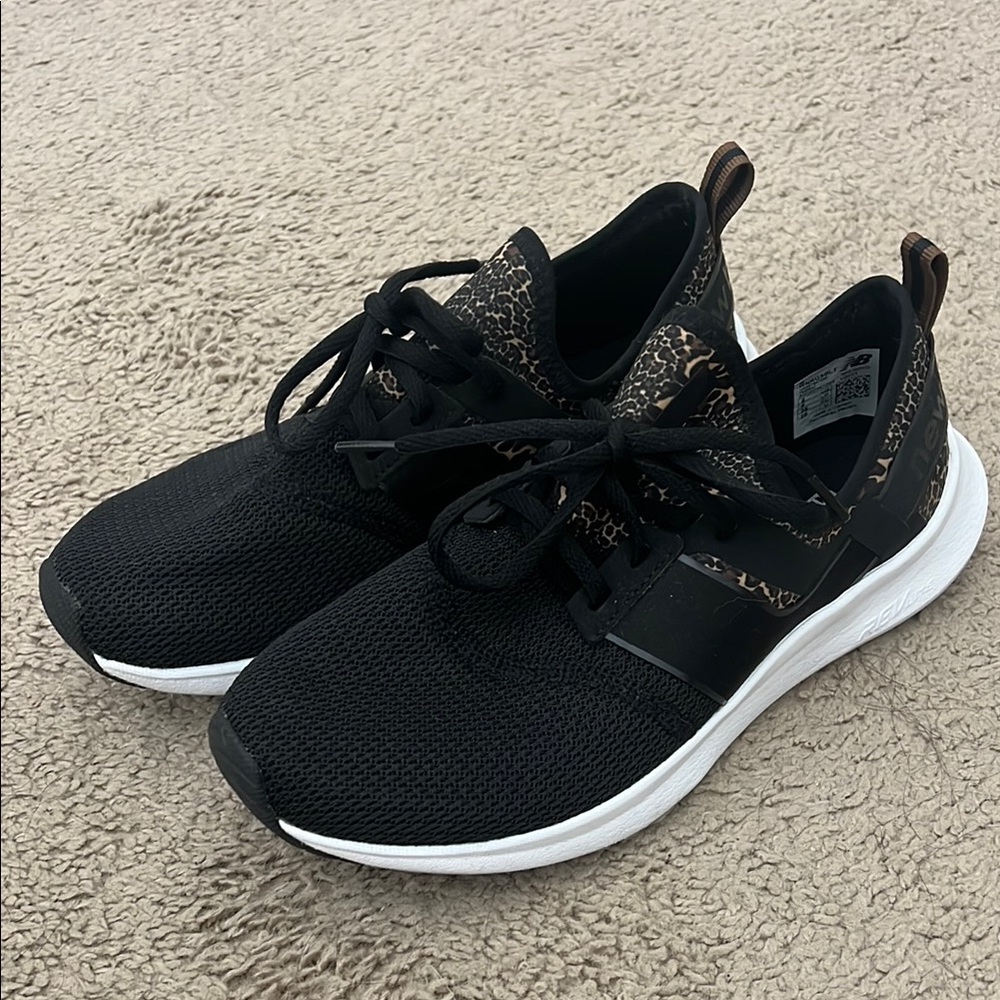 Women's New Balance Black and Leopard Print Athletic Shoes